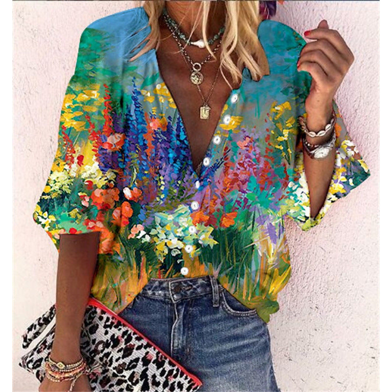 Blusa de manga larga SIHI con estampado floral y escote en V elegante